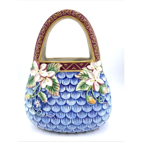 Ceramic Handbag Purse Planter Plumeria Fish Scale Tropical Hawaiian 10" Porcelai - Picture 1 of 9